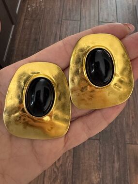 Gold Tone Black Stone Clip-On Earrings